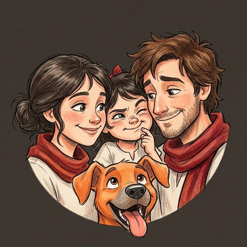 Dibujo de la familia: mamá, la pequeña guiñándole un ojo a papá, papá y el perro Brasa abajo